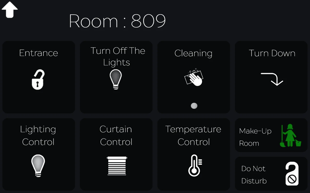 Hotel room control screen on a touch panel