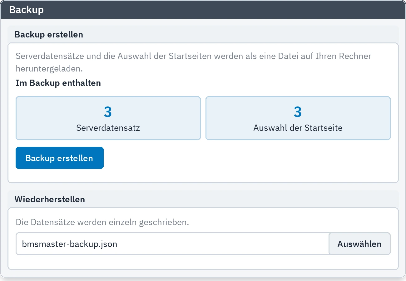Backup-Reiter: das Herunterladen der Backup-Datei und das Wiederherstellen