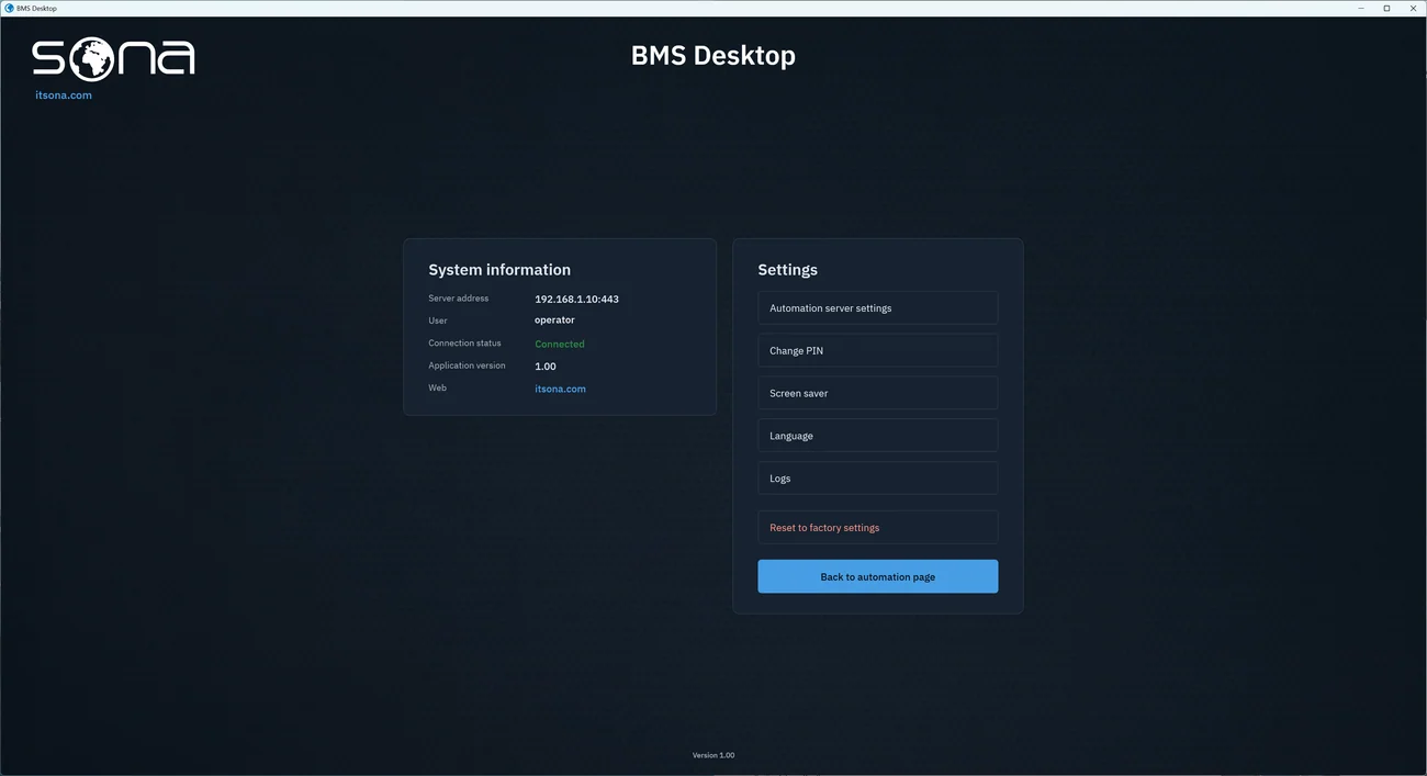 BMS Desktop settings: connection status, changing the PIN, screen saver and reset to factory settings