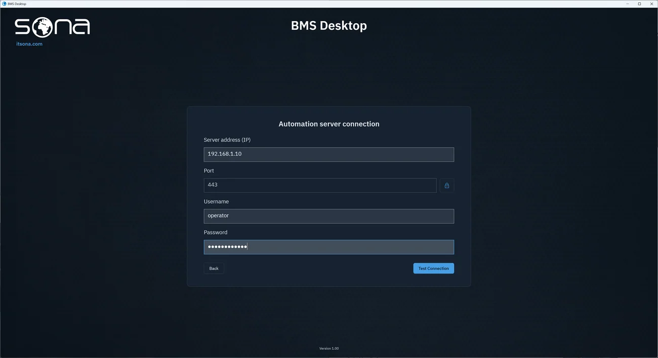 BMS Desktop connection screen: fields for the automation server's address, port and credentials