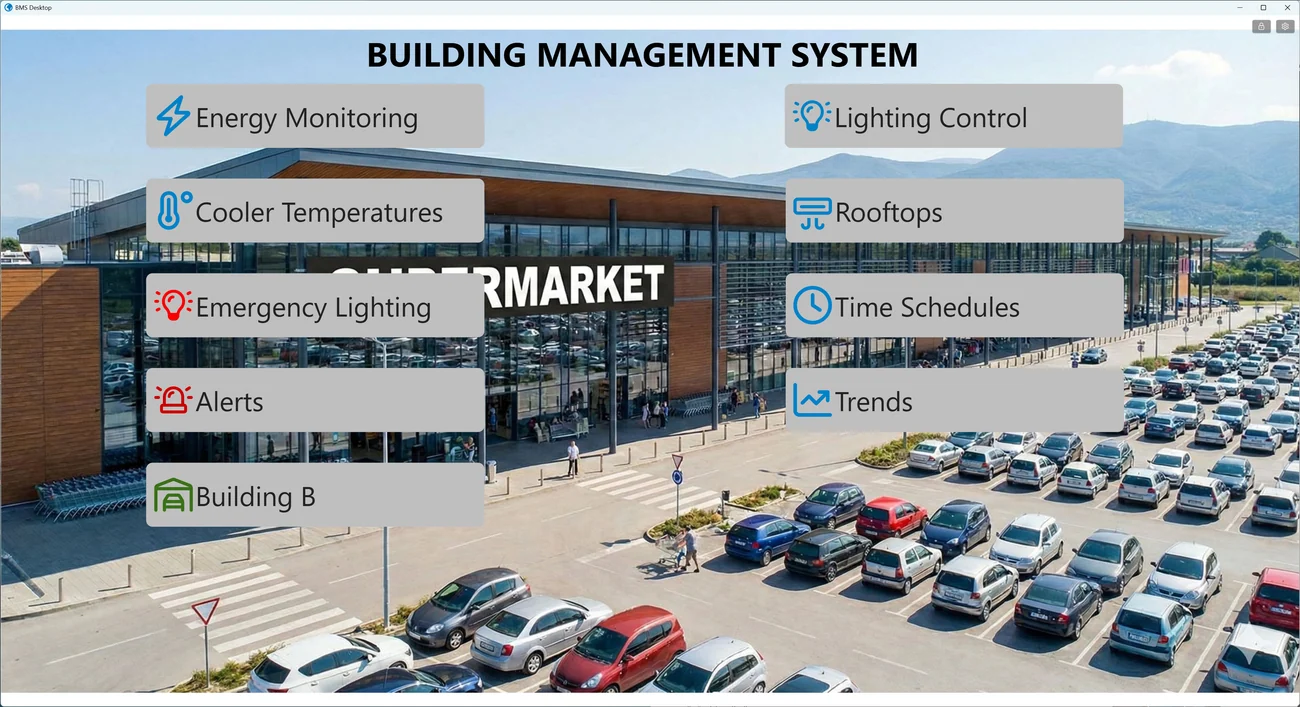 Facility home screen in BMS Desktop: energy, lighting, cooling and alarm headings, full screen with no address bar