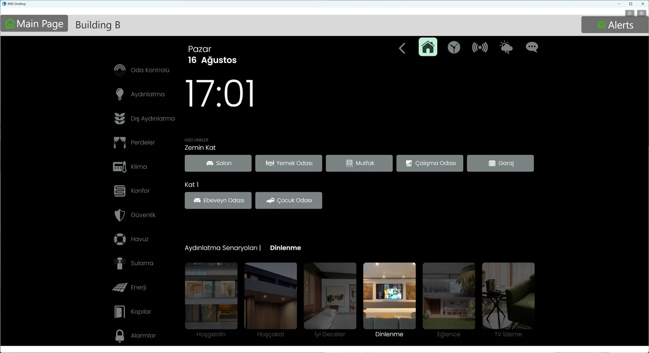 A remote building's live graphics screen, opened inside the BMS Desktop window