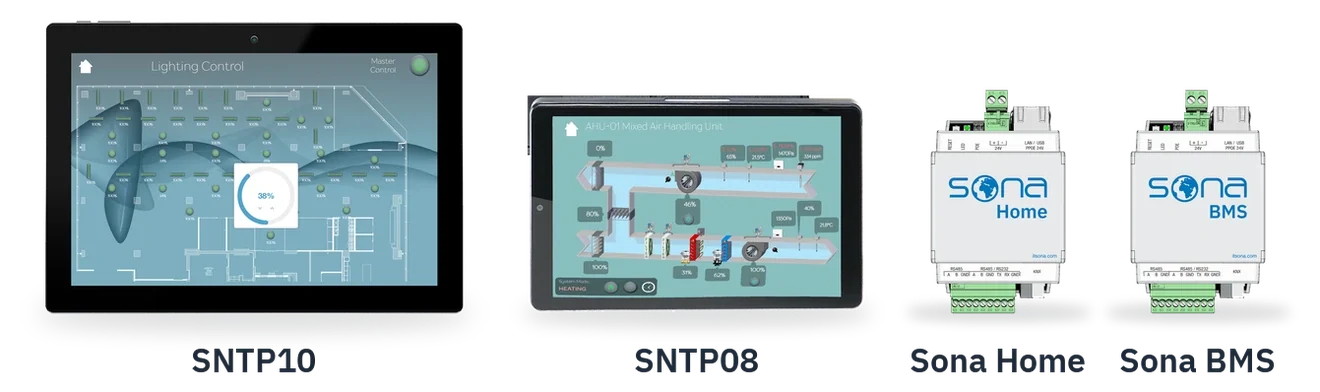 Four Sona products side by side at true scale: SNTP10 and SNTP08 touch panels, Sona Home and Sona BMS automation servers