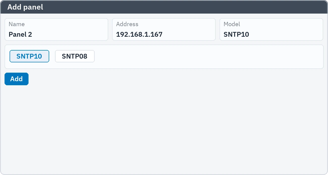 Add panel window: name, address and model fields