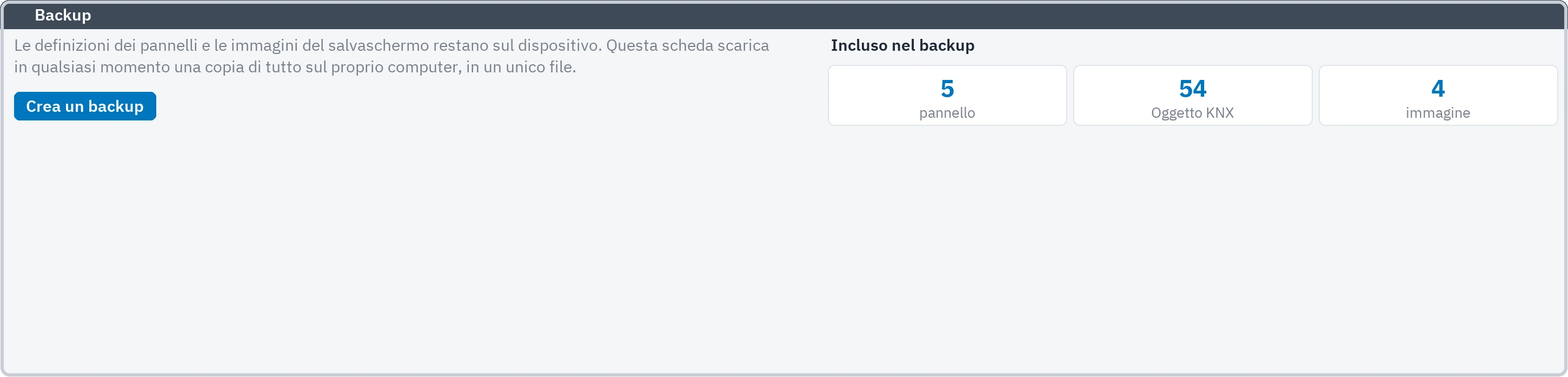 Scheda di backup: il numero di pannelli, oggetti KNX e immagini compresi nel backup