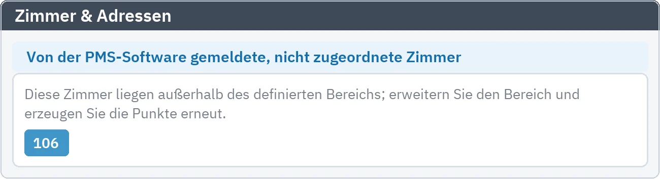 Zimmer & Adressen: Zimmer 106, von der PMS-Software außerhalb des definierten Bereichs gemeldet, erscheint als Vorschlag