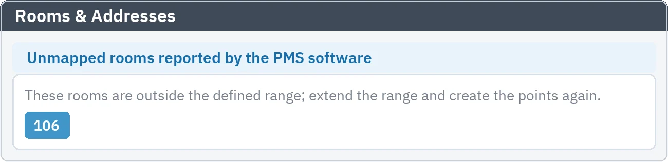 Rooms and Addresses: room 106, reported by the PMS software outside the defined range, appears as a suggestion