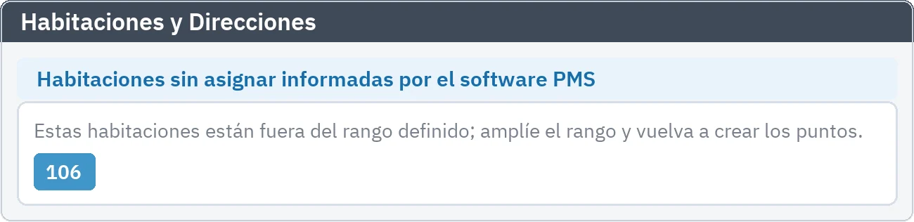 Habitaciones y direcciones: la habitación 106, notificada por el software PMS fuera del rango definido, aparece como sugerencia