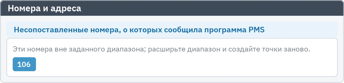 Номера и адреса: номер 106, о котором сообщила программа PMS вне заданного диапазона, показан как предложение