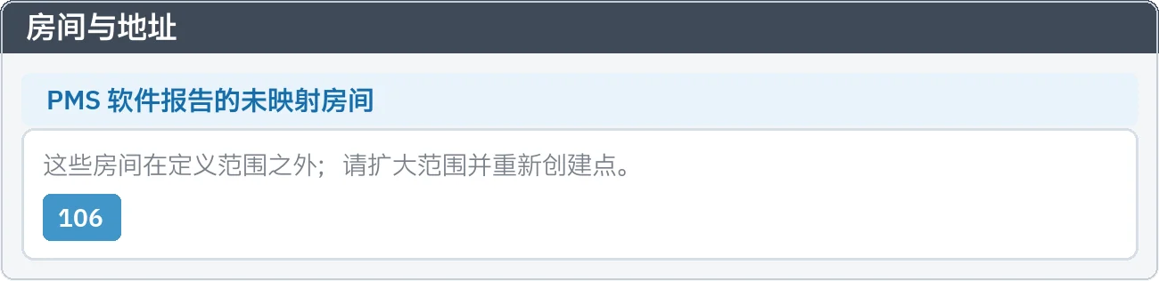 房间与地址：PMS 软件报告的 106 号房间不在定义范围内，作为建议显示