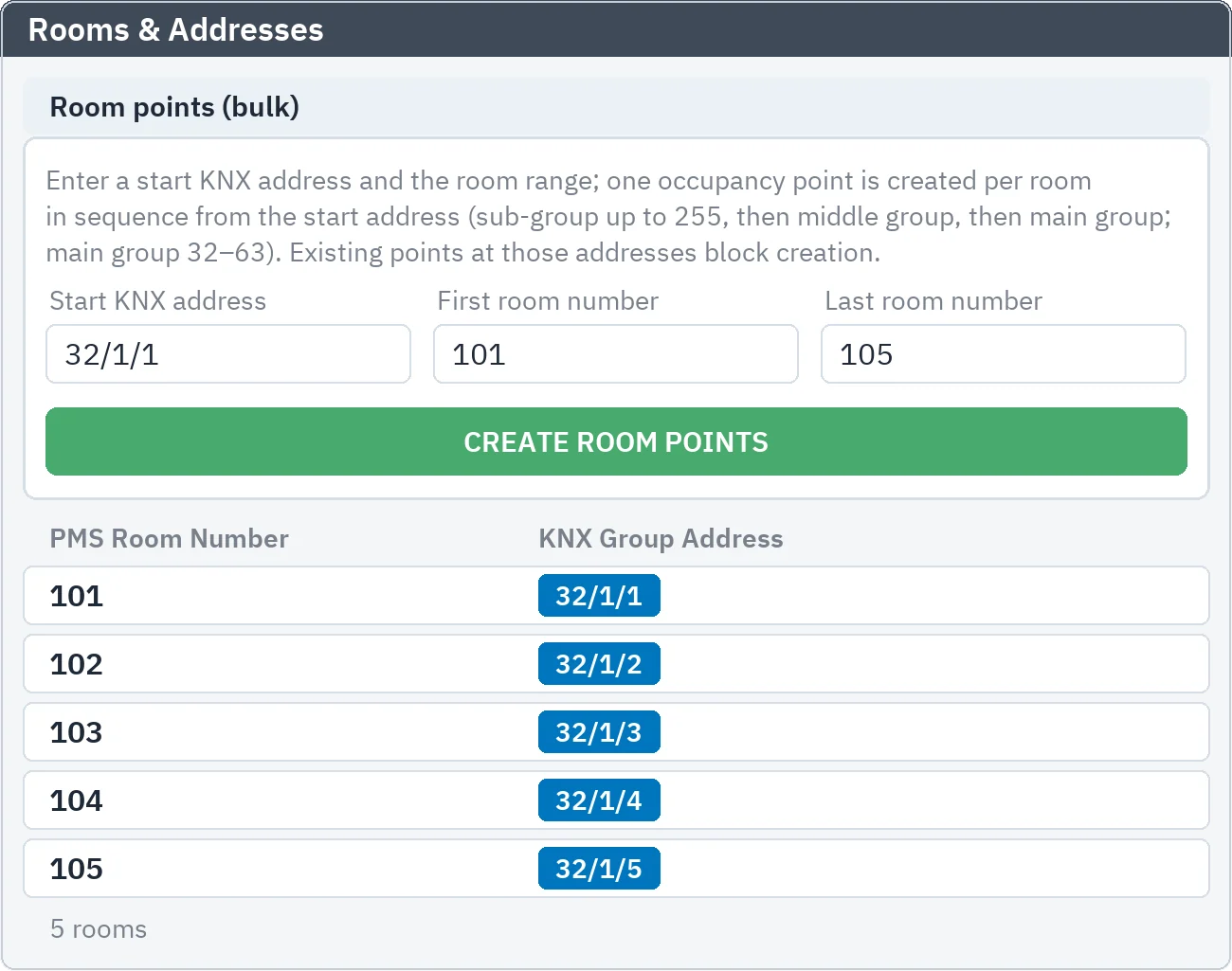 Rooms and Addresses: enter a start KNX address and a room range; occupancy points for rooms 101–105 are created in sequence from 32/1/1