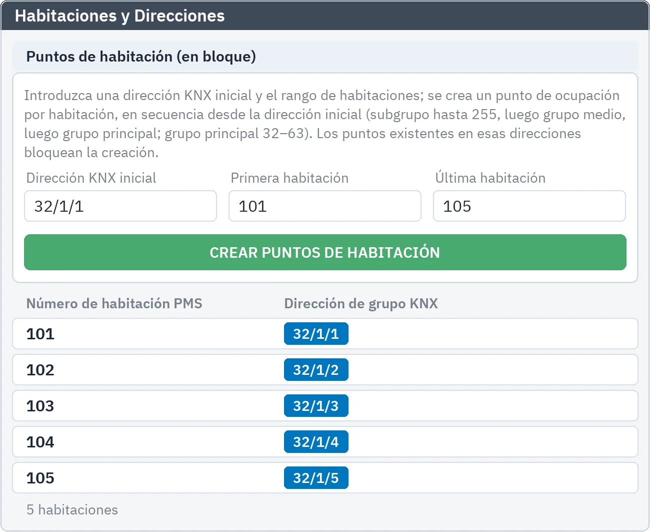 Habitaciones y direcciones: dirección KNX inicial y rango de habitaciones; los puntos de ocupación de las habitaciones 101–105 se crean en orden desde 32/1/1