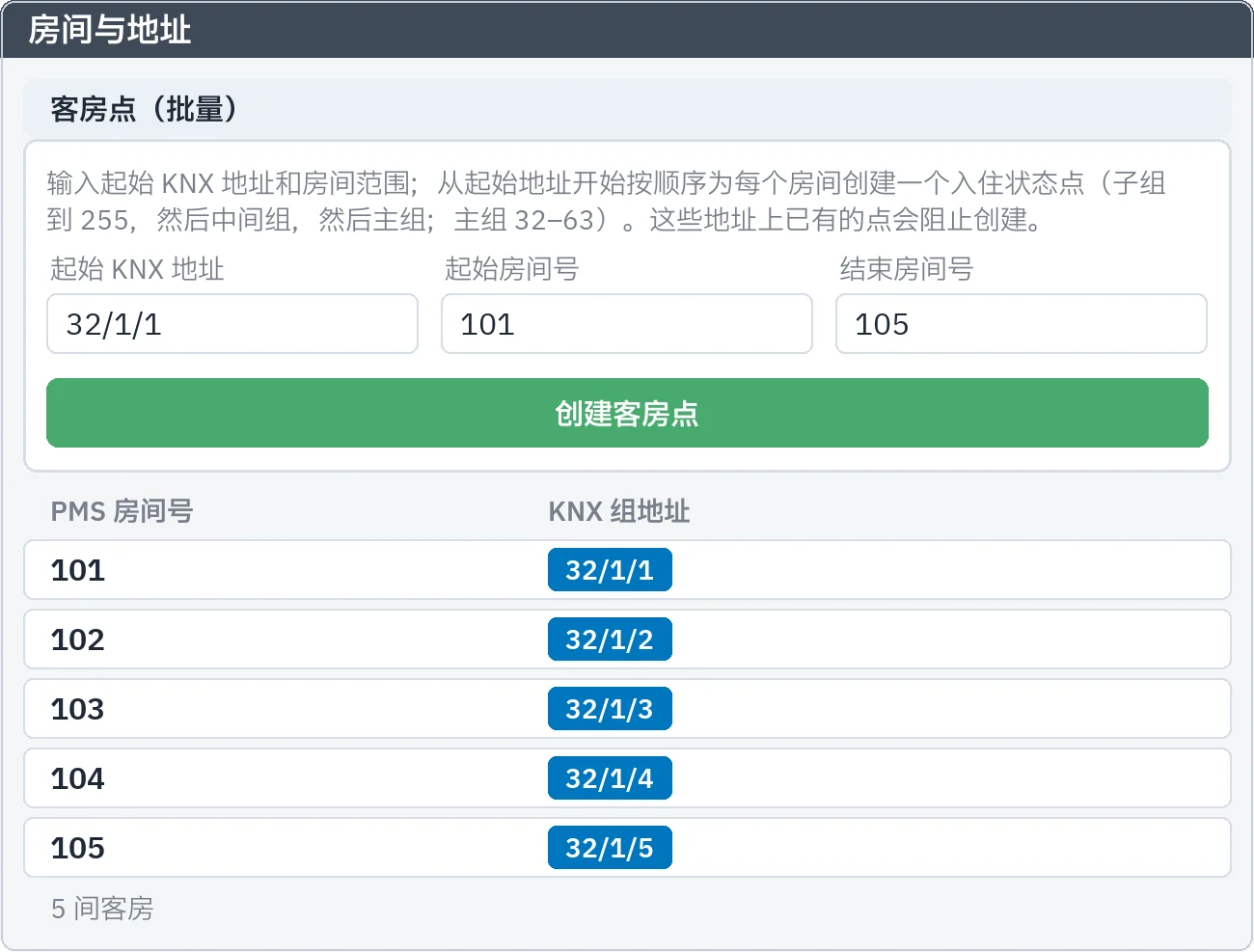 房间与地址：输入起始 KNX 地址和房间范围，从 32/1/1 起依次为 101–105 号房间创建入住状态点