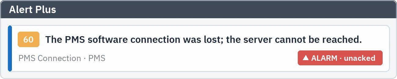 Alert Plus: an unacknowledged alarm reporting that the connection to the PMS software was lost