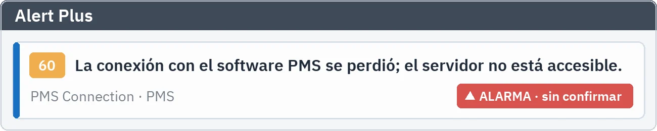 Alert Plus: alarma sin reconocer que avisa de la pérdida de conexión con el software PMS
