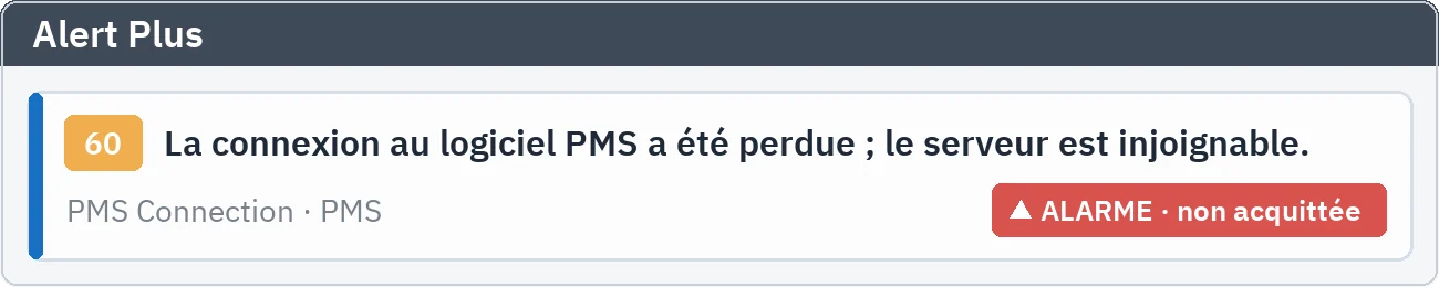 Alert Plus : alarme non acquittée signalant la perte de connexion au logiciel PMS