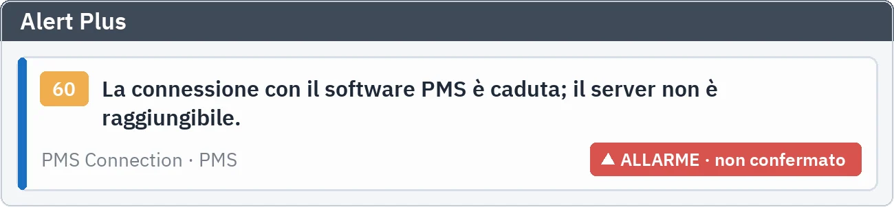 Alert Plus: allarme non preso in carico che segnala la perdita di connessione con il software PMS