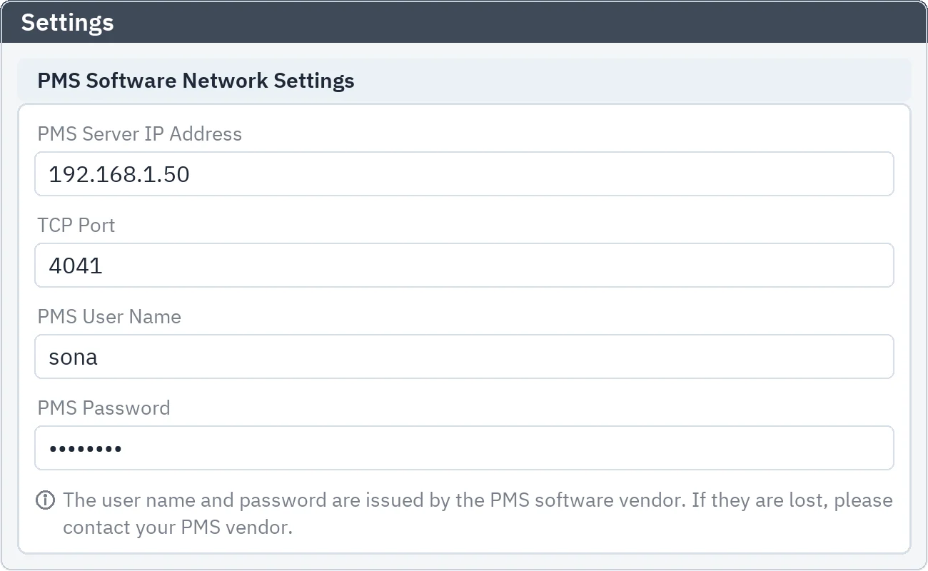 Settings: PMS server IP address, TCP port, user name and masked password fields for the Mod Hotel connection