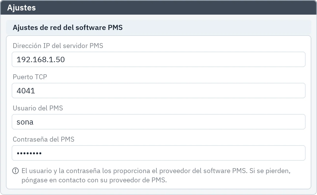 Ajustes: dirección IP del servidor PMS, puerto TCP, nombre de usuario y contraseña enmascarada para la conexión con Mod Hotel