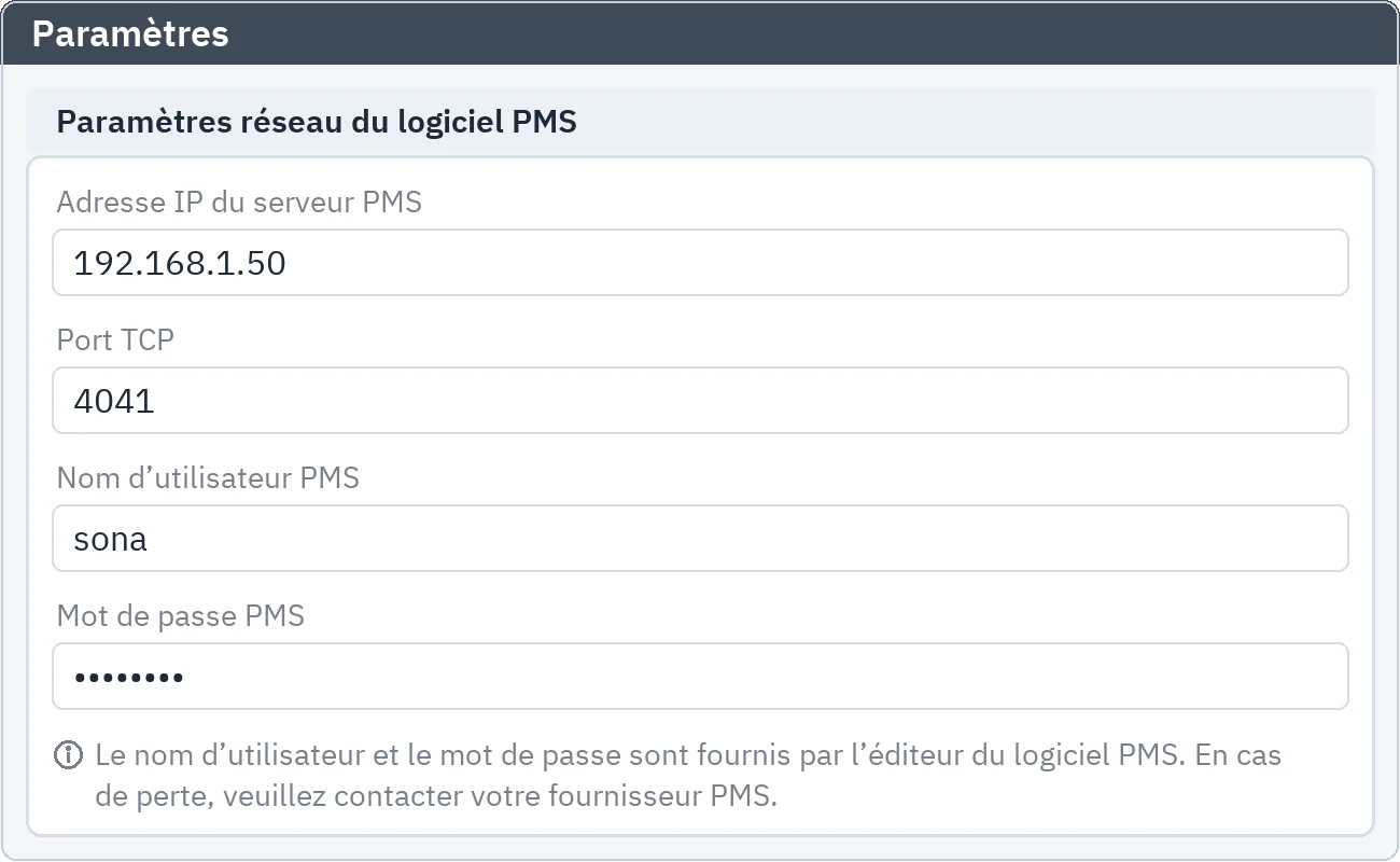 Paramètres : adresse IP du serveur PMS, port TCP, nom d'utilisateur et mot de passe masqué pour la connexion Mod Hotel