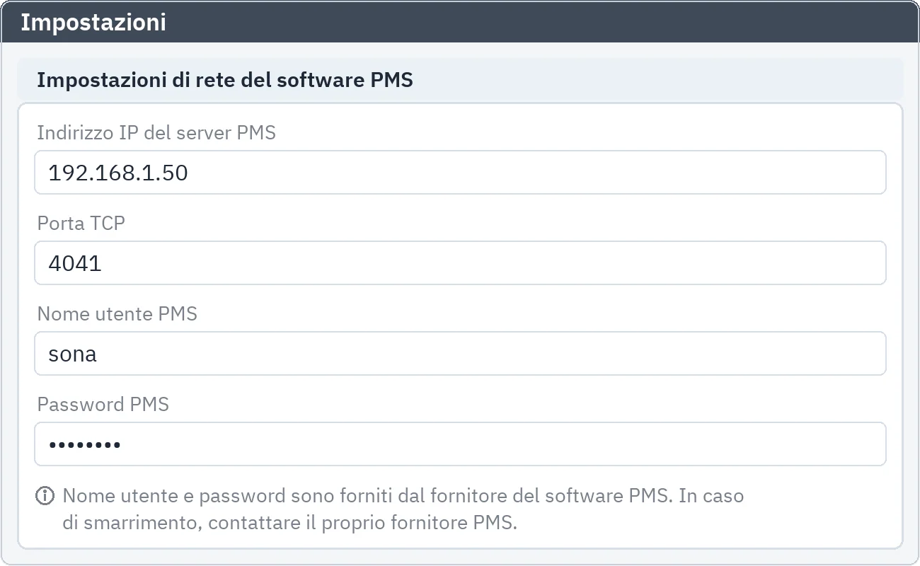 Impostazioni: indirizzo IP del server PMS, porta TCP, nome utente e password mascherata per la connessione con Mod Hotel