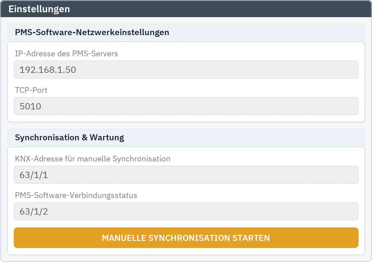 Einstellungen: Netzwerkeinstellungen der PMS-Software (IP-Adresse, TCP-Port) und das Synchronisationsfeld mit Adresse für die manuelle Synchronisation, Adresse des Verbindungsstatus und Auslöseknopf
