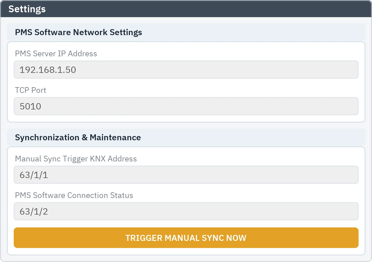 Settings: PMS software network settings (IP address, TCP port) and the synchronisation panel with the manual sync trigger address, the connection status address and the trigger button
