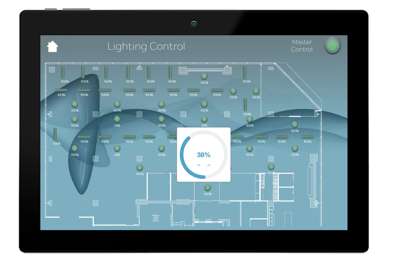 SonaHMI touch panel showing a lighting page designed on the server