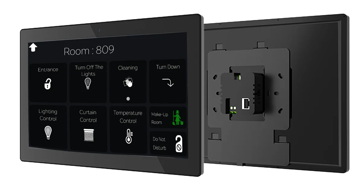 SonaHMI touch wall panel with its mounting bracket and back box