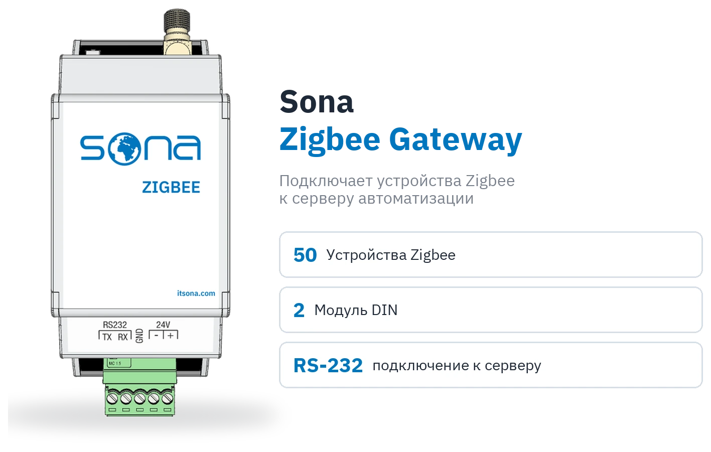 Изображение продукта Sona Zigbee Gateway с метками: 50 устройств Zigbee, 2 модуля DIN и подключение к серверу по RS-232